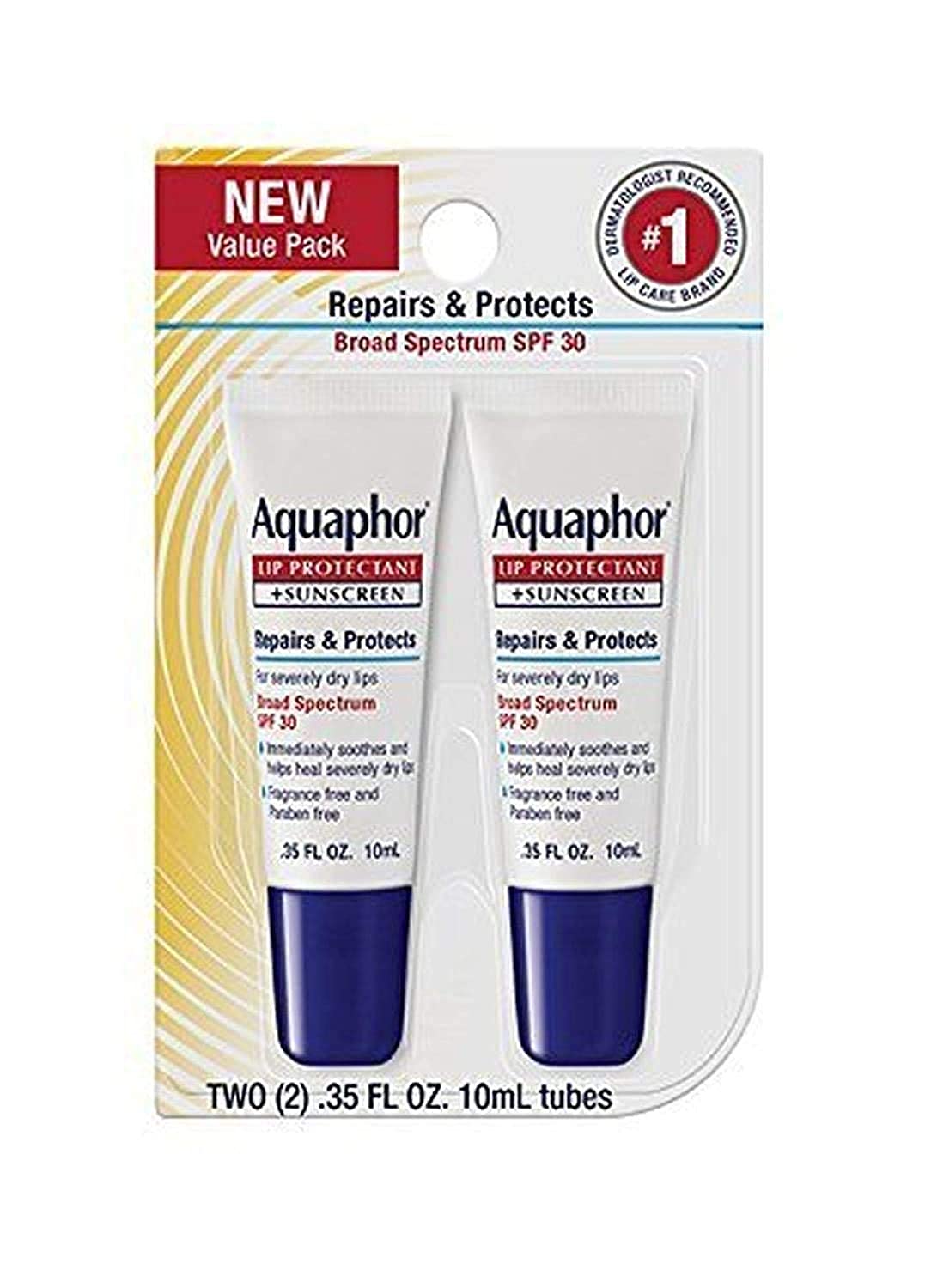 Aquaphor Lip Repair Ointment, Moisturizing Lip Balm Pack, Relieves Dryness, 0.35 Tube, Pack of 2