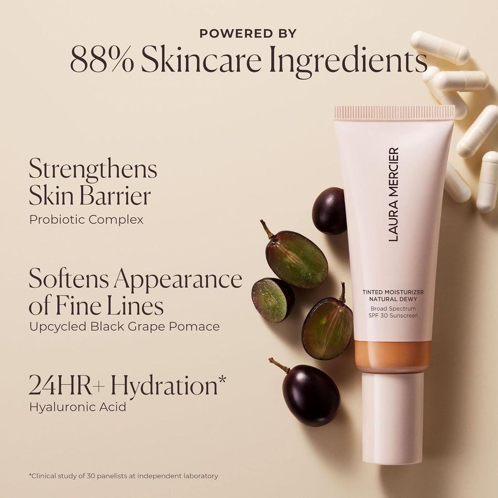 Laura Mercier Tinted Moisturizer Natural Dewy with SPF 30: 24HR+ Hydration, Long Lasting, Sheer to Light, Buildable Coverage, Dewy Finish, Improve Skin Tone and Texture, Skin Tint