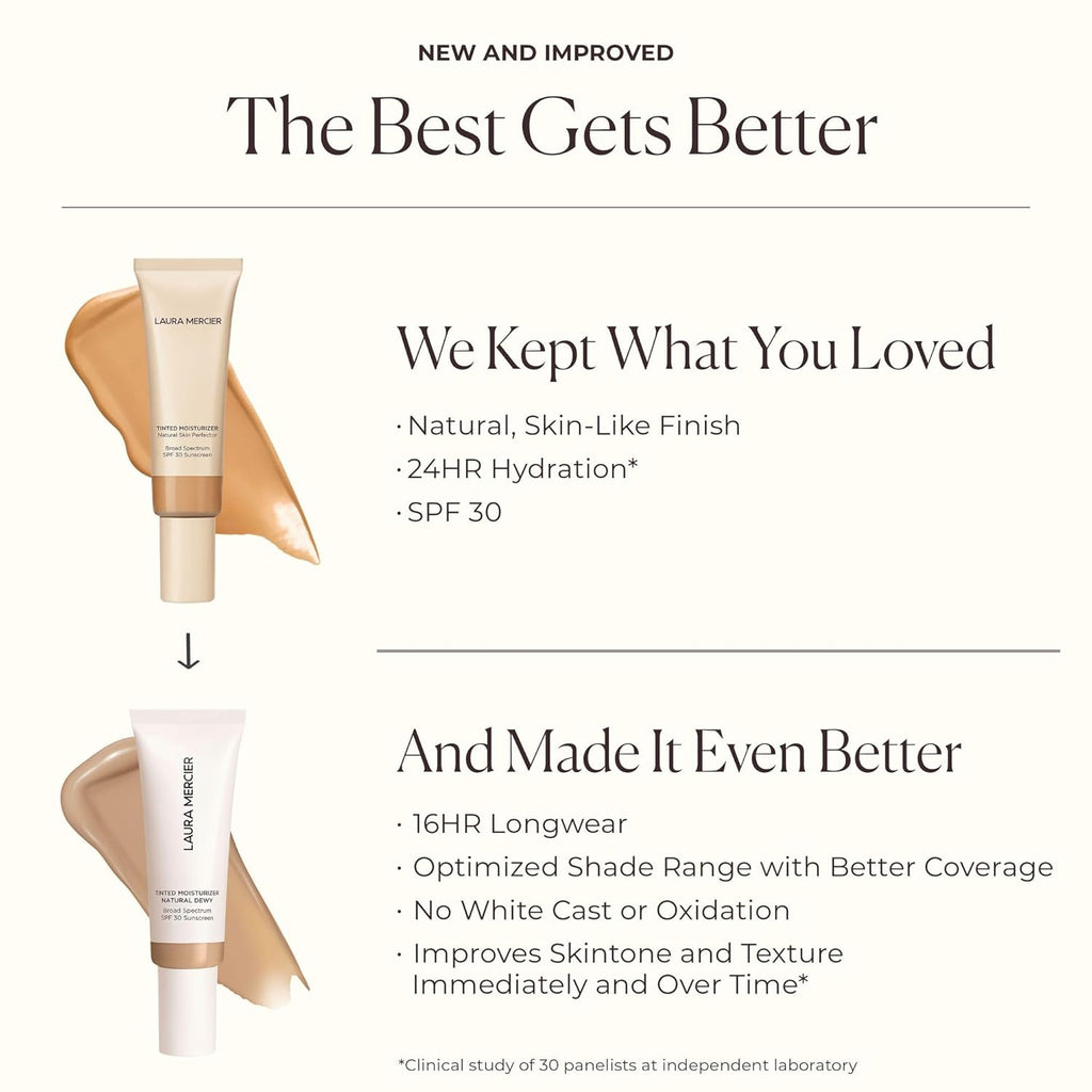 Laura Mercier Tinted Moisturizer Natural Dewy with SPF 30: 24HR+ Hydration, Long Lasting, Sheer to Light, Buildable Coverage, Dewy Finish, Improve Skin Tone and Texture, Skin Tint